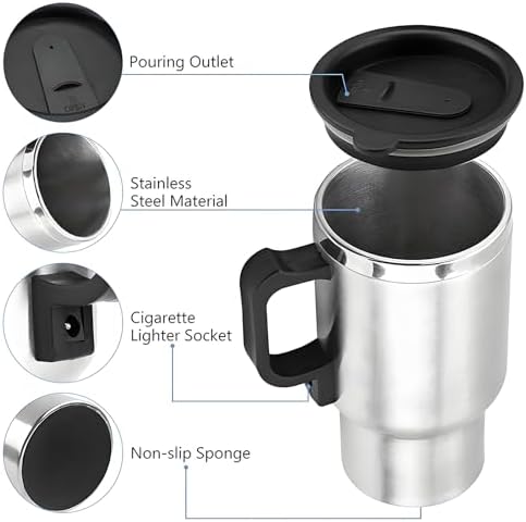 TARSHYRY Heated Travel Mug Cup,12V 450ml Electric Incar Stainless Steel Travel Heating Cup Coffee Tea Car Cup Mug