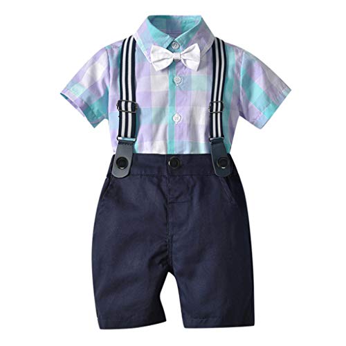 Baby Boys' Clothes Set 0-3T Toddler Kids Newborn Bow Tie Checked Shirt+Suspenders Short Trousers 2Pcs Outfits (Purple, 2-3 Years Old)