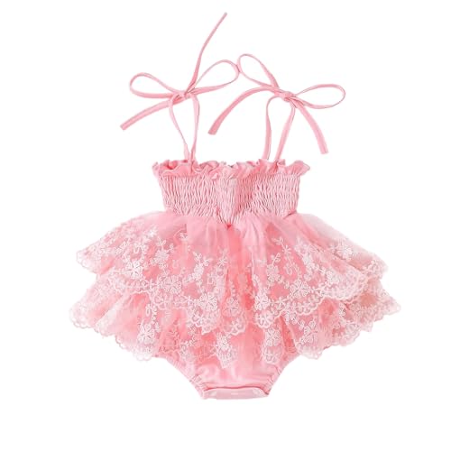 ESSECMBS Pagliaccetto Estivo Neonata Tutina in Pizzo Bimba Body Elegante Neonata Senza Manica con Ricamo Floreale Vestito in Tulle Tutu Neonata Abito Principessa Elegante (Rosa, 6-12 Months)