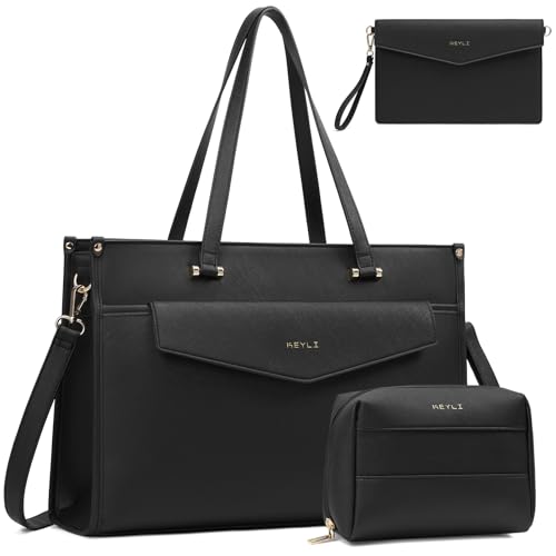 Keyli 3pc Sets Laptop Bag for Women, 15.6 Inch Lightweight Work Tote Bags Waterproof Leather Professional Computer Briefcase Shoulder Handbag Black Crossbody Purses for Business, Office, Travel