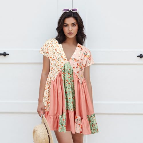 Image of SOOKABEILA Women's Boho Mini Dress Y2k Floral Print Deep V-Neck Puff Sleeve Short Dress 2025 Summer Loose Beach Sundress