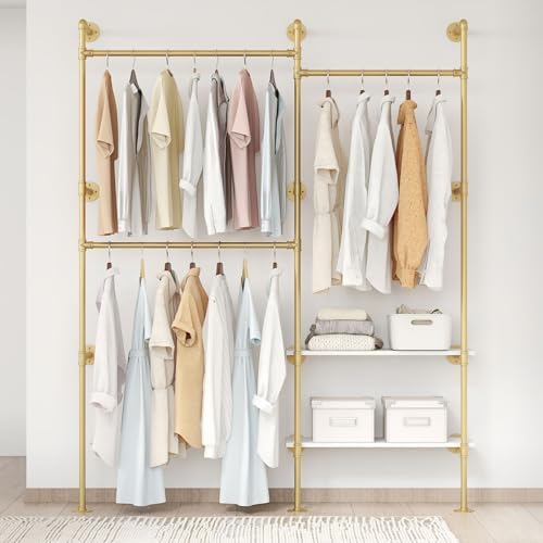 Industrial Pipe Clothes Rack,Wall Mounted Closet Wardrobe Rack, Corner L Shaped Walk-in Closet System, 2 Installation Methods (Gold, 80" H x 55" W x 11.8" D)