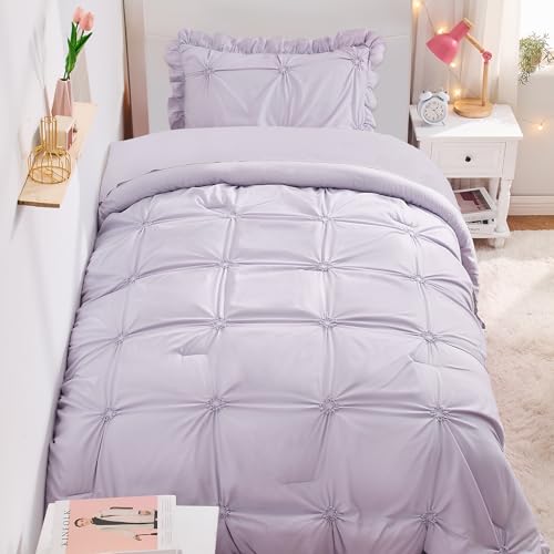 Image of Twin Comforter Set for Girls, Boho Pintuck Bedding Comforter Sets, 4 Pieces Ruffles Jacquard Embroidery Twin Bedding Sets with Comforter, Fitted Sheet, Flat Sheet and Pillowcase, Purple