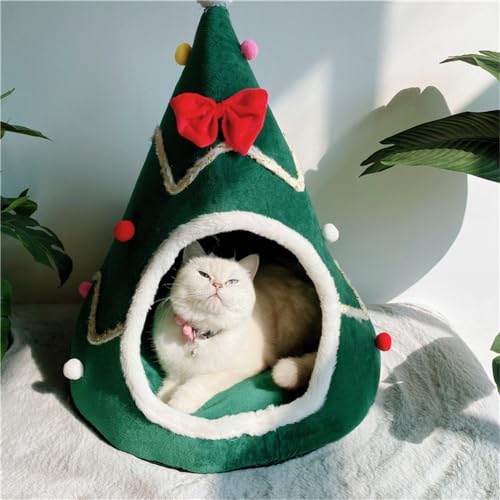 GPPSUNGD Christmas Tree Cat Bed for Indoor Cats House Tent with Detachable Pillow Xmas Cave Beds for Pets Cats and Dogs (19.7 X 17.7 Inch, Green Xmas Tree)