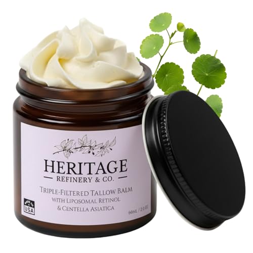 Heritage Refinery Grass Fed Beef Tallow Face Cream with Retinol - Made In USA Whipped Anti-Aging Balm for Men & Women, Wrinkle Defense, Sensitive Skin Moisturizer - 2 oz