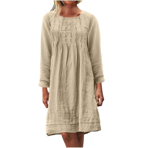 Cotton Linen Midi Dress for Women Solid Color Round Neck