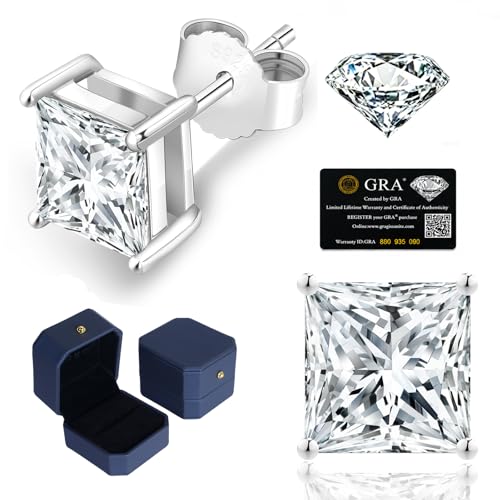 Image of KRKC 0.8-2ct Princess Cut Moissanite Stud Earrings for Women, D Color VVS1 Clarity Lab Created Diamond Solitaire 14K White Gold Hypoallergenic Vermeil S925 Sterling Silver Earrings Men