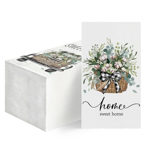 Horaldaily 100 Spring Summer Disposable Paper Decorative Guest Napkins, Eucalyptus and cotton pattern Hand Towel for Party Lunch Dinner Kitchen Bathroom Decoration