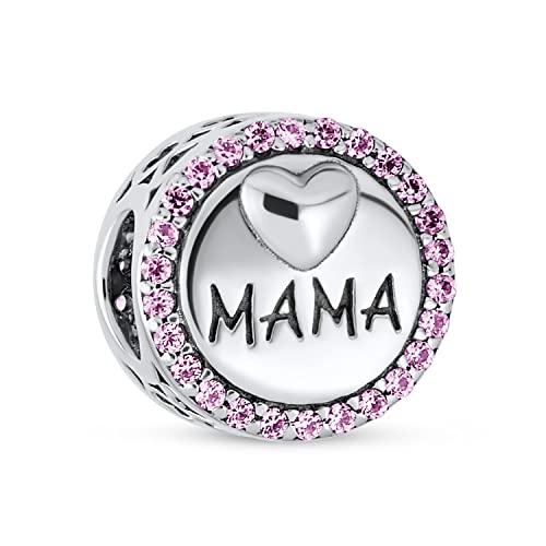 Abalorio redondo de plata de ley con cristal rosa y palabra mama
