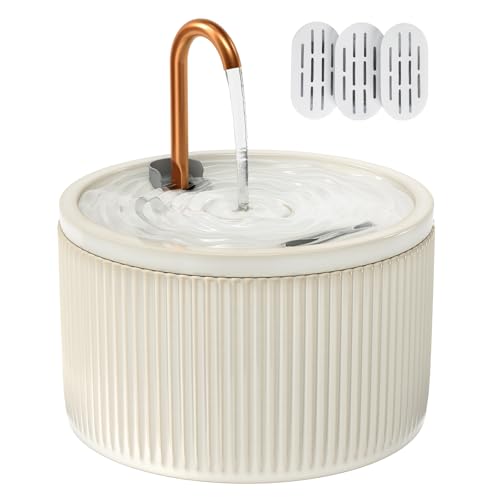 MISFANS Ceramic Cat Water Fountain - 2.1L/71oz - All-Ceramic Body & Pure Copper Water Spout - Automatic Pet Drinking Fountain for Cats Indoor with Ultra-Quiet Pump, and 3Pcs Filter & Sponge (Beige)
