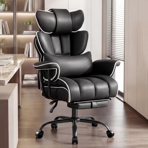 Ckaff Bürostuhl Chefsessel Ergonomisch, Gaming Stuhl aus PU Leder, Bürostuhl 200kg mit Fußstütze und Lendenwirbelstütze, Schreibtischstuhl mit Verstellbarer Rückenlehne (Schwarz)