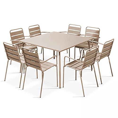 Oviala Ensemble Table de Jardin carrée et 8 fauteuils en métal Taupe - Palavas