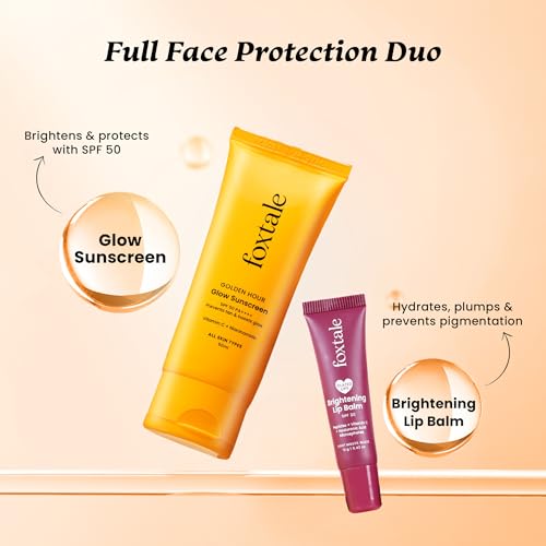 Image of Foxtale SPF Power Pair | SPF 50 Glow Sunscreen & SPF 30 Brightening Lip Balm | Broad Spectrum UV Protection | Prevents Tanning & Pigmentation | Hydrates & Brightens Skin & Lips | With Vitamin C, Niacinamide, Peptides & Hyaluronic Acid | Lightweight, Non-Greasy, No White Cast | Daily Face & Lip Sun Protection