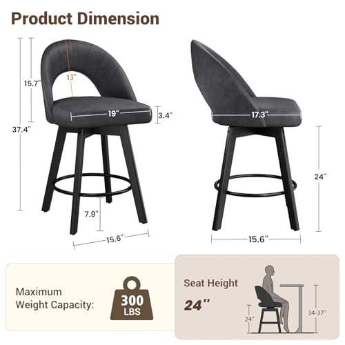 Image of YaFiti 24 inch Counter Height Bar Stools Set of 2, Modern Swivel Bar Stools with Ergonomic Curved Back, Faux Leather Seat & Solid Wood Legs, Charcoal Grey