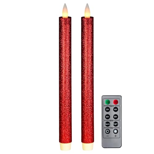 Image of Flameless Taper Candles Flickering with Remote and Timer, 3D Moving Flame Taper Candle Battery Operated to 400 Hours, 9 Inch Window Candles, (Glittter Red)