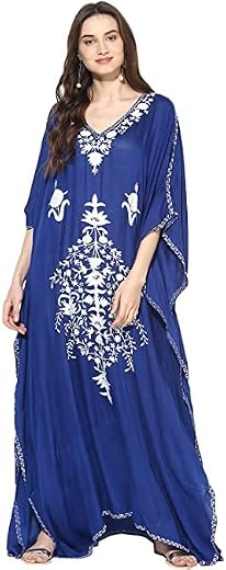 CRAFTBAZAR Kashmiri Embroidered Rayon Dark Blue Kaftan with White Colour Embroidery (Size -2XL)