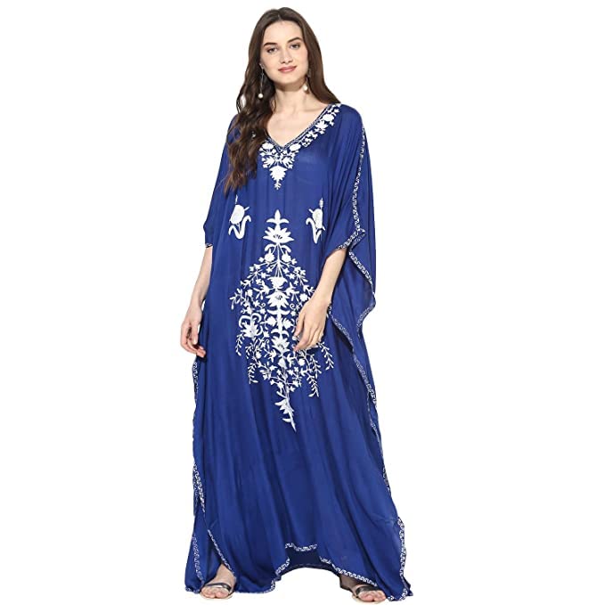 CRAFTBAZAR Kashmiri Embroidered Rayon Dark Blue Kaftan with White Colour Embroidery (Size -2XL) - Review, Price and Buying Guide