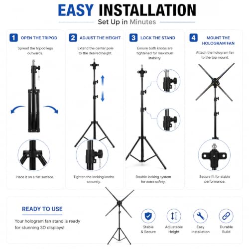 Image of TONZO Custom Portable 3D Hologram Fan Stand | Heavy Duty Adjustable Tripod up to 9 Feet | 150 lbs Load Capacity | Holographic Fan Display with Safety Lock Knob & Pin, Event, Retail Shop & Exhibition