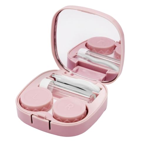 Estojo de lente de contato com aplicador de tamanho de viagem, kit de ferramentas de remoção com espelho e frasco de solução (rosa)