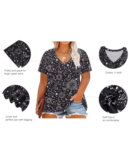 Image of RITERA Women Plus Size Tops Tie Dye V Neck Shirt Floral Camo Summer Short Sleeve Tunic Oversized Ladies Blouse XL-5XL