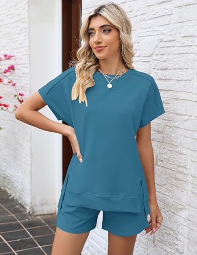 Image of LOMON Womens Fashion 2 Piece Outfits Sweatsuits 2026 Summer Short Sleeve Loungewear Tracksuit Round Neck Lounge Shorts Sets