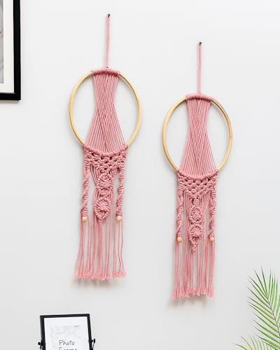 Image of Homesake Macrame Dream Catchers for Bedroom Adult Dream Catcher Wall Decor Large Boho Wall Hanging Wood Beads Tassels Home Decoration Ornament Craft Gift, Pink Set of 2