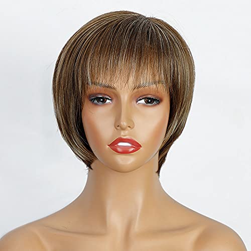 AISI QUEENS Layered Wigs Pixie Cut Wig with Bangs Short Straight Wigs for White Women Natural Looking Synthetic Fiber Mixed Brown Hair Replacement Wigs