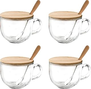 Lawei Set of 4 Glass Coffee Mug with Handle - 15 Oz Glass Jumbo Coffee Cups Clear Coffee Mug for Cappuccino, Coffee, Latte, Cereal, Milk, Ice Cream