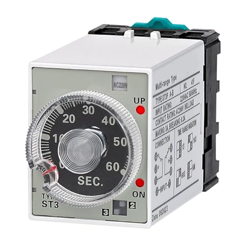 Relé de tiempo ST3P 220VAC con temporizador regulable de 60 segundos a 6 horas y base de enchufe