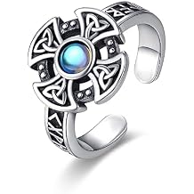 MEDWISE Viking Ring 925 Sterling Silver Celtic Cross Rings Irish Moonstone Rings Adjustable Open Ring Celtic Jewelry Retro Gifts for Women Men Son Gift