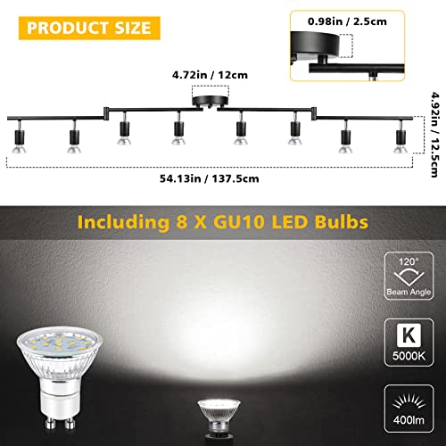 Unicozin Led 8 Light Track Lighting Kit, Black 8 Way Ceiling Spot Lighting, Flexibly Rotatable Light Head, Track Light Included 8 X Led Gu10 Bulb (4W, Daylight White 5000K, 400Lm) #TOP2