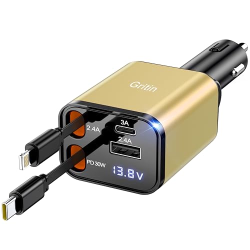 Gritin Retractable Car Charger, 69W Super Fast 4 in 1 USB C Car Charger Adapter with Smart Device-Adaptive Charging Technology& Current Display, Car Accessories for Phone, Android- Yellow