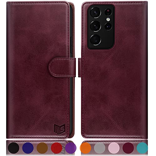 Coque Samsung S21 Ultra étui portefeuille haut de gamme finition cuir PU vin rouge