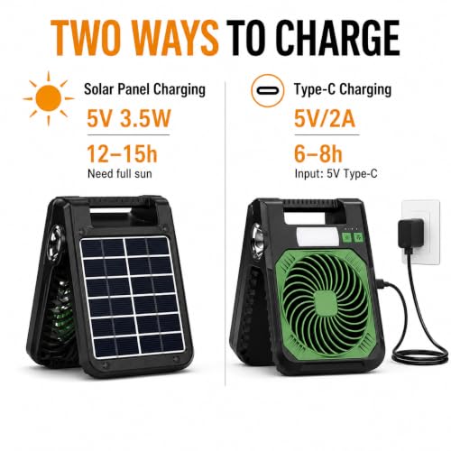 Image of AARKRI SALES Solar Camping Fan with LED 10400mAh Rechargeable Battery Powered Portable Outdoor Fan for Travel Emergency 4 Speeds 3 Brightness Settings USB Power Bank for Phone Charging (Side LED)