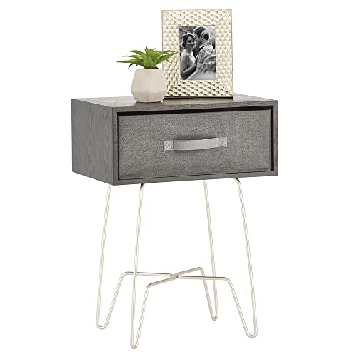 mDesign Mesita auxiliar de madera y metal pequeña – Elegante mesa auxiliar vintage para el salón o el dormitorio – Mesa de centro con moderno diseño de horquilla – negro y gris