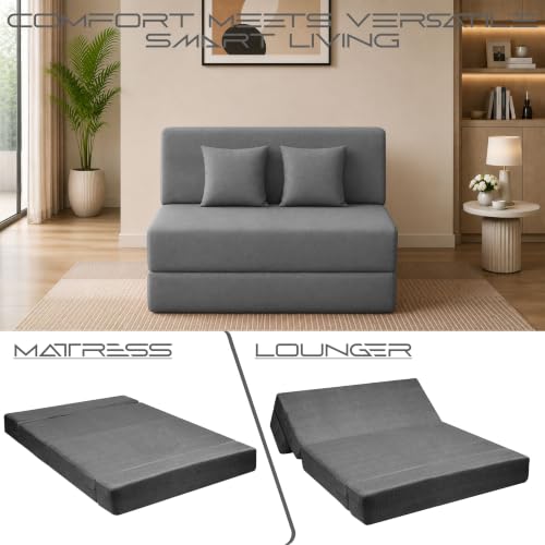 Image of Los Angeles Foldable Two Seater Sofa Cum Bed, Sofa Bed 4 X 6 Ft, Jute Fabric Washable Cover Including Two Cushion Perfect for Living Room & Office Guest Room - Grey Color