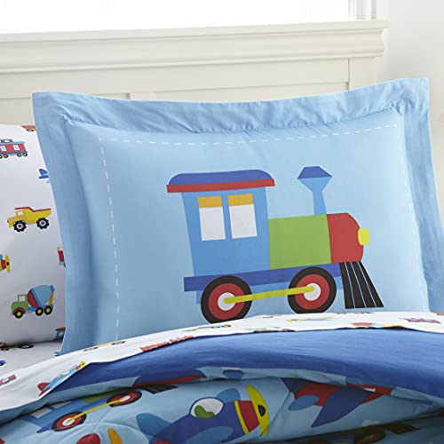 Wildkin 100% Cotton 5 Piece Twin Bed-In-A-Bag For Boys & Girls, Bedding Set Includes Comforter, Flat Sheet, Fitted Sheet, Pillowcase & Sham, Bed Set For Cozy Cuddles (Trains, Planes & Trucks) #TOP3
