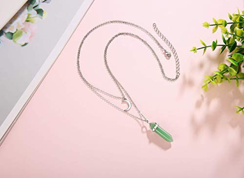 Xiannvxi Crescent Moon Necklace Green Aventurine Healing Crystal Stone Point Pendant Necklaces Spiritual Reiki Witch Gemstone Layered Dainty Jewelry For Women #TOP1