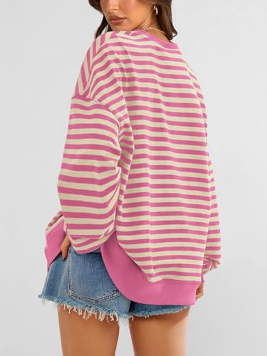 Image of PRETTYGARDEN Womens Striped Oversized Sweatshirt Color Block Crew Neck Long Sleeve Casual Loose Pullover Top Y2K Clothes