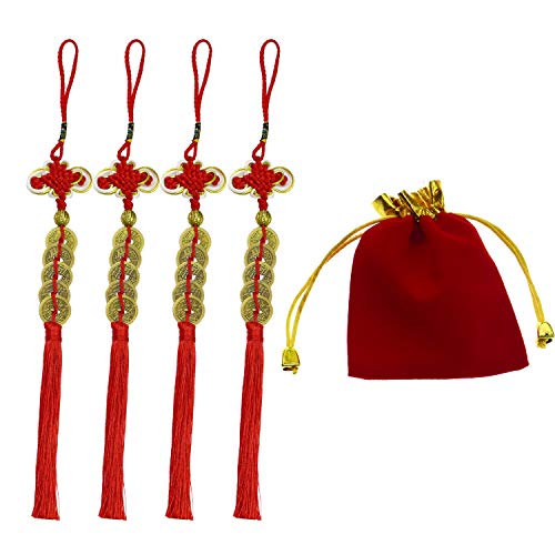 Motanar 4 Stück chinesische Knoten Glücksmünzen Feng Shui Münzen I-Ching Fortune Coin für Glück und Gesundheit mit Aufbewahrungstaschen Cover