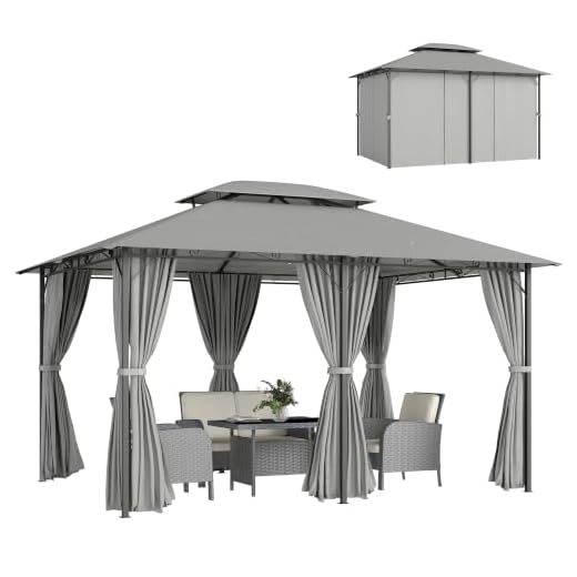 Outsunny Pavillon 3x4m Gartenpavillon mit 6 Seitenteilen Partyzelt Gartenzelt Festzelt mit Doppeldach Dunkelgrau