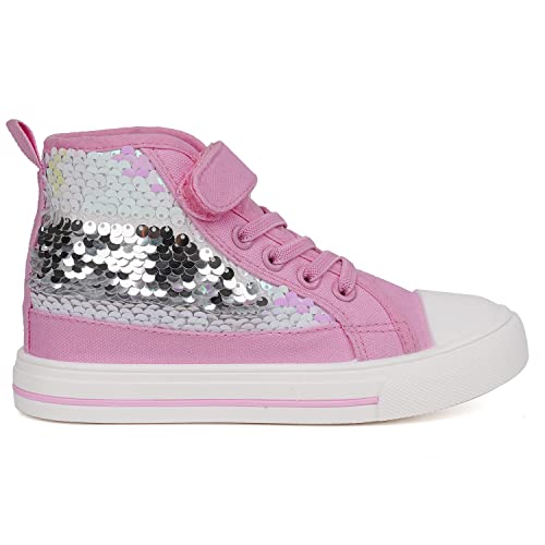 Toandon Little Girls Kids Canvas Shoes Sneakers For Toddler Color Change Flipping Sequins Glitter Sparkle High Top Adjustable Hook Loop Straps Velcro Non Slip Lightweight Walking Pink Size 13 #TOP2