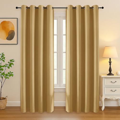 Image of Simplebrand Gold Curtains for Bedroom Living Room 72 Inches Long 2 Panels Set, Room Darkening Thermal Insulated Curtains & Drapes, Solid Grommet Noise Reducing Window Treatment, W50 x L72 Inch