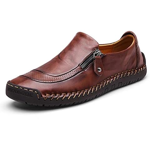 Qiucdzi Mens Leather Comfortable Shoes Hand Stitching Zipper Non-Slip Casual Shoes Loafer Boat Sneaker Dark Brown Cover