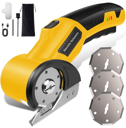Image of Cordless Electric Scissors with 3 Tungsten Steel Blades, 2500mAh Battery, LED Light, High-Torque Motor, Cardboard Cutter for Fabric, Cardboard, Leather, Carpet, Wire Rope Cutters (Yellow)