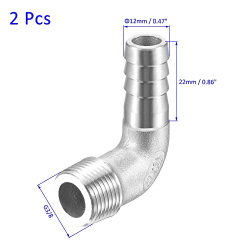 M METERXITY 2 Pack Hose Barb Fittings - 90 Degree Elbow Stainless Steel 12mm Pipe Connector Apply to Water Fuel (G3/8 Male Pipe) - Image 3