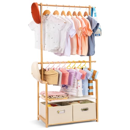 Kids Clothing Rack Bamboo with 2 Storage Baskets and 2 Adjustable Hanging Rods,Child Garment Holder with Shelf, Dress up Racks for Playroom,Toddlers Bedroom (Natural)
