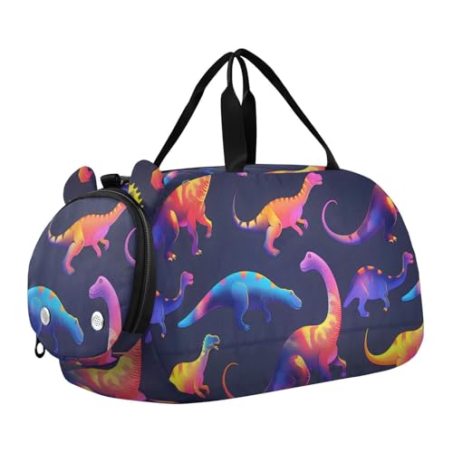 Duffle Bag for Boys or Girls with Shoes Compartment, Dark Background Rainbow Dinosaurs Sports Travel Bag Overnight