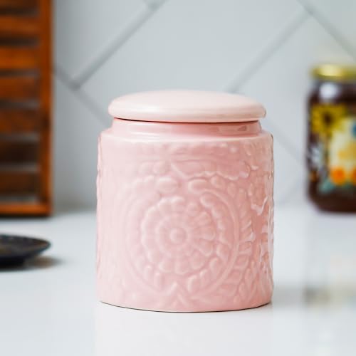 Image of Ceramic Storage Jar for Kitchen 800 ml | Ceramic Container for Tea, Coffee, Sugar & Spices | Airtight Pickle /Barni Jars with Lid | Multipurpose Countertop Food Storage Canister for Home | Pink