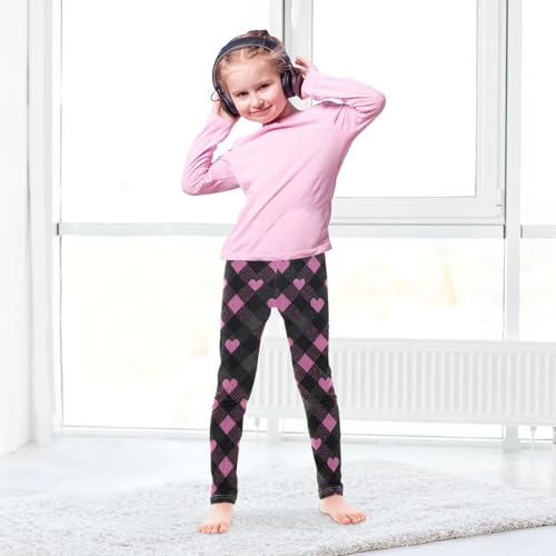 Girls Leggings Pink Black Plaid Hearts Kids Length Leggings Pants Toddler Athletic Soft Tights Trousers 4T4